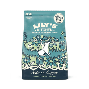 A bag of Lily's Kitchen Adult Salmon Supper dog food, featuring a teal and navy blue package with a white dog illustration and floral patterns.