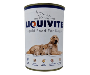 White background with a can of Liquivite Liquid Feed for Dogs pictured, on the tin is a picture of a golden retriever with three puppies.