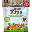 White background with a close up of a packet of Little BigPaw 'Little Kips' dog treats. Pictured on the packet is an illustration of a brown dog sleeping with a apples, berries, lemons and a jar of peanut butter in the foreground. Text on the bag says 'Chillaxing vegan treats for all dogs and puppies, 100% natural ingredients, soft & squidgy baked treats. Approx. 100 treats!' 