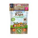 White background with a packet of Little BigPaw 'Little Kips' dog treats. Pictured on the packet is an illustration of a brown dog sleeping with a apples, berries, lemons and a jar of peanut butter in the foreground. Text on the bag says 'Chillaxing vegan treats for all dogs and puppies, 100% natural ingredients, soft & squidgy baked treats. Approx. 100 treats!' 