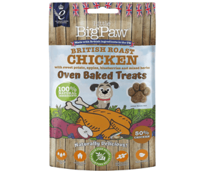 White background with a packet of Little BigPaw 'British Roast Chicken with sweet potato, apples, blueberries and mixed herbs' dog treats. Pictured on the packet is an illustration of a grey dog with a cooked chicken, fruit and vegetables in the foreground. Text on the bag says 'Oven Baked Treats, 100% natural ingredients, Naturally delicious! 50% chicken'. 