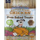 White background with a close up of a packet of Little BigPaw 'British Roast Chicken with sweet potato, apples, blueberries and mixed herbs' dog treats. Pictured on the packet is an illustration of a grey dog with a cooked chicken, fruit and vegetables in the foreground. Text on the bag says 'Oven Baked Treats, 100% natural ingredients, Naturally delicious! 50% chicken'. 