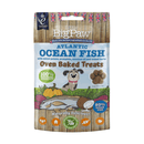 White background with a packet of Little BigPaw 'Atlantic Ocean Fish with sweet potato, pumpkin, coconut oil and mixed herbs' dog treats. Pictured on the packet is an illustration of a grey dog with a fish, a pumpkin, sweet potatoes and a coconut in the foreground. Text on the bag says 'Oven Baked Treats, 100% natural ingredients, Naturally delicious! 50% ocean fish'. 