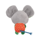 Back view of mouse cat toy with a grey head, grey ears, orange body with yellow stars, dark green legs and a blue rope tail pictured on a white background. 