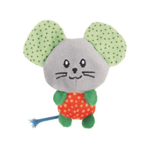Mouse Cat toy with a grey face and stitched details on the face, green polka dot fabric ears, orange body with yellow stars, dark green legs and a blue rope tail pictured on a white background. 