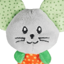 Close up of mouse Cat toy's grey face and stitched details of eyes, nose, smile and whiskers on the face, green polka dot fabric ears, orange body with yellow stars and dark green legs pictured on a white background. 