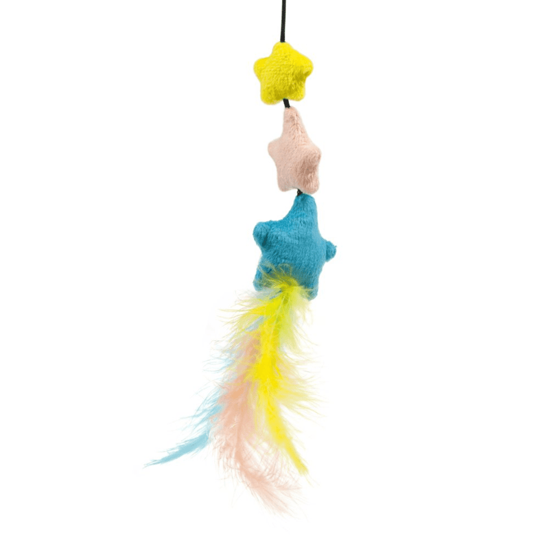 Close up of pastel coloured stars with feathers attached to a fishing rod style cat teaser.