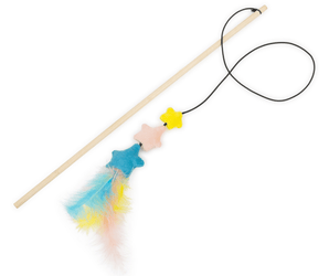 Pastel coloured stars with feathers attached to a fishing rod style cat teaser.