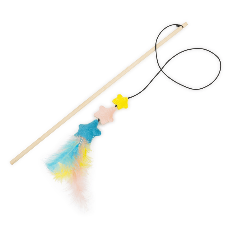 Pastel coloured stars with feathers attached to a fishing rod style cat teaser.