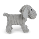 Other side view of grey dog dog toy made from soft cord effect fleece material with black stitch eye detail, standing on a white background. 