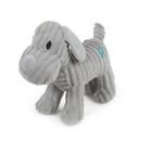 Grey dog dog toy made from soft cord effect fleece material with black stitch eye detail and blue 'PF' stitched on hip, standing on a white background. 