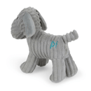 Side view of grey dog dog toy made from soft cord effect fleece material with blue 'PF' stitched on hip, standing on a white background. 