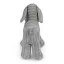Back view of grey dog dog toy made from soft cord effect fleece material standing on a white background. 