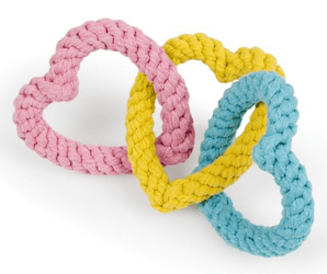 Pastel pink, yellow and blue heart shaped rope dog toy.