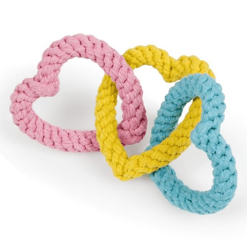 Pastel pink, yellow and blue heart shaped rope dog toy.