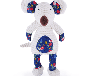 Teddy bear style white Mouse Dog Toy with floral fabric patches on the ears and belly, same floral material on the legs and paws. Mouse has a brown material nose and stitched eye details. Pictured on a white background.