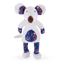 Teddy bear style white Mouse Dog Toy with floral fabric patches on the ears and belly, same floral material on the legs and paws. Mouse has a brown material nose and stitched eye details. Pictured on a white background.