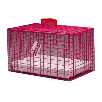 White background with a pink mesh MDC cat carrier with a white tray inside and a red handle and pin.