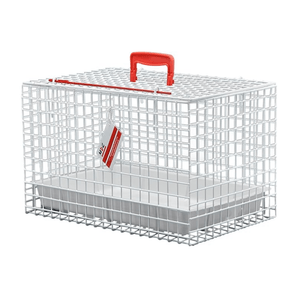 White background with a white mesh MDC cat carrier with a white tray inside and a red handle and pin.