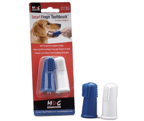 White background with a packet of MDC Smart Finger Toothbrushes with two finger toothbrushes pictured next to the packet, one blue and one white. Pictured on the packet is a Golden Retriever dog with a hand wearing the finger toothbrush, brushing the dog's teeth. 