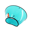 White background with a X-Large teal transparent Elizabethan style recovery collar with a dog pictured on the label, on a white background. 