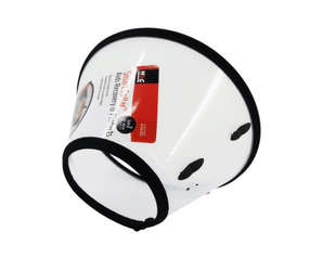 White background with a Small transparent Elizabethan style recovery collar with a dog pictured on the label, on a white background. 