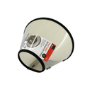 White background with a Medium transparent Elizabethan style recovery collar with a dog pictured on the label, on a white background. 
