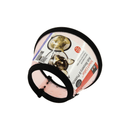White background with a XS transparent pink Elizabethan style recovery collar with a cat and dog pictured on the label, on a white background. 