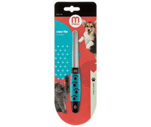 White background with a Mikki Claw File, the blue handle has black pawprints on it and a stainless steel file attached to a cardboard backing. 