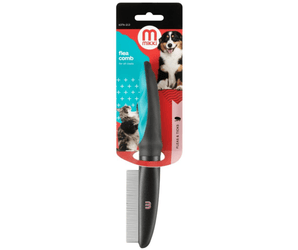 White background with a blue and black Mikki Deluxe Flea Comb with metal teeth, attached to a cardboard backing. 