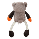 Back view of Teddy bear toy dog with brown head and body with small tail, orange hands, white rope legs attached to dark brown feet pictured on a white background. 
