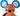 Close up of orange mouse dog toy with blue ears with polka inner ear, black nose, green eyelids with black eye lashes and whiskers, one green arm and one black on a white background. 