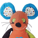 Close up of orange mouse dog toy with blue ears with polka inner ear, black nose, green eyelids with black eye lashes and whiskers, one green arm and one black on a white background. 