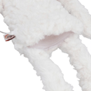 White bear shaped dog toy with long arms and legs, close up detail of opened pouch with Velcro on a white background 