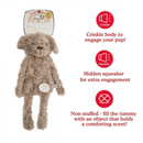 Light brown dog shaped dog toy with long arms and legs, stitched detail eyes, brown nose with tags attached to top and mid-section. Red text along side picture of dog says 'Crinkle body to engage your pup!', 'Hidden squeaker for extra engagement', 'Not-stuffed - fill the tummy with an object that holds a comforting scent!' Pictured on a white background. 