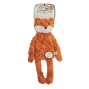 Orange fox shaped dog toy with long arms and legs, white chin and stitched detail eyes, brown nose with tags attached to top and mid-section. Pictured on a white background. 