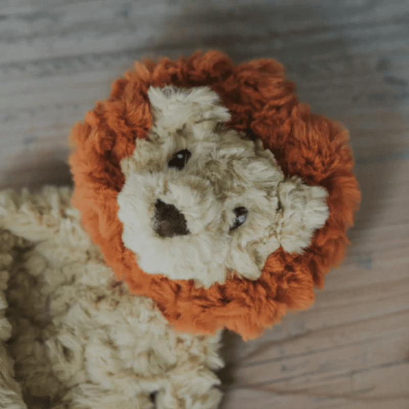 Close up of pale yellow lion shaped dog toy with long arms and legs, an orange mane and stitched detail eyes, brown nose. Pictured on a laminate floor. 