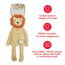 Pale yellow lion shaped dog toy with long arms and legs, an orange mane and stitched detail eyes, brown nose. Red text along side picture of lion says 'Crinkle body to engage your pup!', 'Hidden squeaker for extra engagement', 'Not-stuffed - fill the tummy with an object that holds a comforting scent!' Pictured on a white background. 