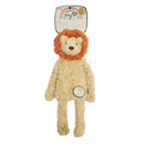 Pale yellow lion shaped dog toy with long arms and legs, an orange mane and stitched detail eyes, brown nose with tags attached to top and mid-section. Pictured on a white background. 