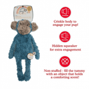Blue monkey shaped dog toy with long arms and legs, pale brown face and ears and stitched detail eyes. Red text along side picture of monkey says 'Crinkle body to engage your pup!', 'Hidden squeaker for extra engagement', 'Not-stuffed - fill the tummy with an object that holds a comforting scent!' Pictured on a white background. 