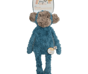 Blue monkey shaped dog toy with long arms and legs, brown face and ears and stitched detail eyes, with tags attached to top and mid-section. Pictured on a white background. 