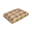 Pillow-type red and green checked dog bed pictured on a white background. 