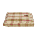 Front view of pillow-type red and green checked dog bed pictured on a white background. 