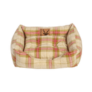 Front view of bolster red and green checked dog bed pictured on a white background. 