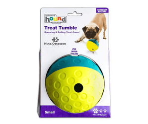 A Nina Ottosson Treat Tumble dog toy packaging with a yellow and blue treat tumble ball on a white background.