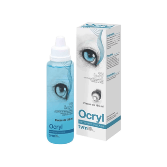 A bottle of Ocryl Eye Cleansing solution next to its retail box, both featuring a blue eye graphic and the brand name 'tvm'.