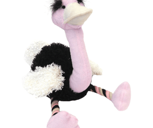 Ostrich dog toy with pink neck and head, black and white body with pink, black and white twisted rope legs connected to pink feet. Pictured on a white background.