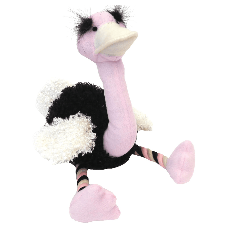 Ostrich dog toy with pink neck and head, black and white body with pink, black and white twisted rope legs connected to pink feet. Pictured on a white background.