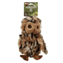 Large brindle brown owl dog toy attached to a green cardboard backing with white text 'Forest Friends Ollie Owl' and smaller text saying 'Plush squeaky dog toy'