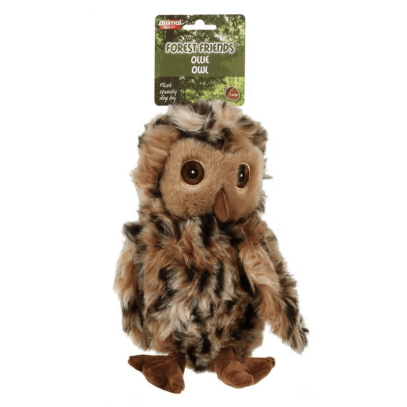 Large brindle brown owl dog toy attached to a green cardboard backing with white text 'Forest Friends Ollie Owl' and smaller text saying 'Plush squeaky dog toy'